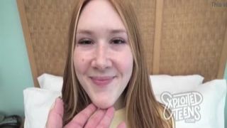 redheaded tiny teen with freckles and red pubic hair sucks off girthy cock