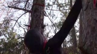 tied up to a tree outdoor on alluring clothes wearing pantyhose and high ankle boots heels savage bang