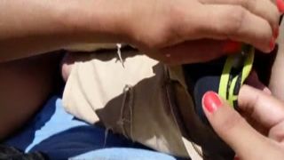 fresh girl masturbates partner on a outdoor beach