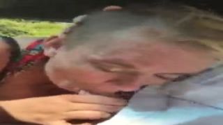 trailer trash whore flashes her massive tits in outdoor during a gluck gluck where she lets a guy gushing load in her lips