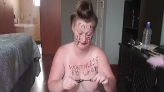enormous fat worthless pig degrading herself figure writing hair pulling self slapping