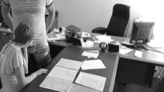 the boss bangs his tiny secretary on the office table and films it on hidden camera