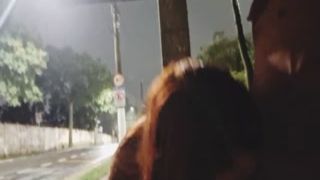 risky stroke off for steamy hottie at the bus stop 